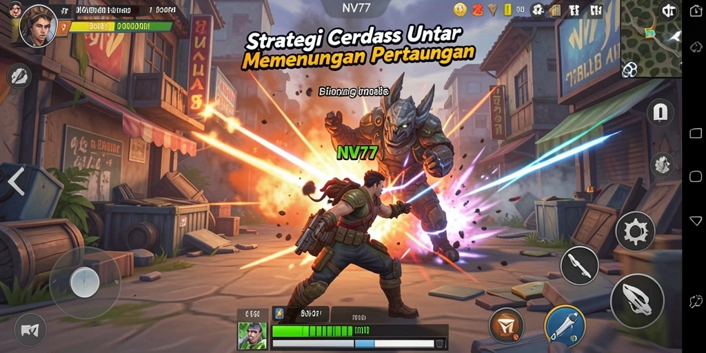 Tangkapan layar gameplay NV77 yang menunjukkan strategi pertempuran mendebarkan.